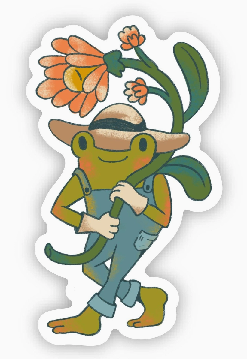 Frog in Overalls Hugging Flowers Sticker